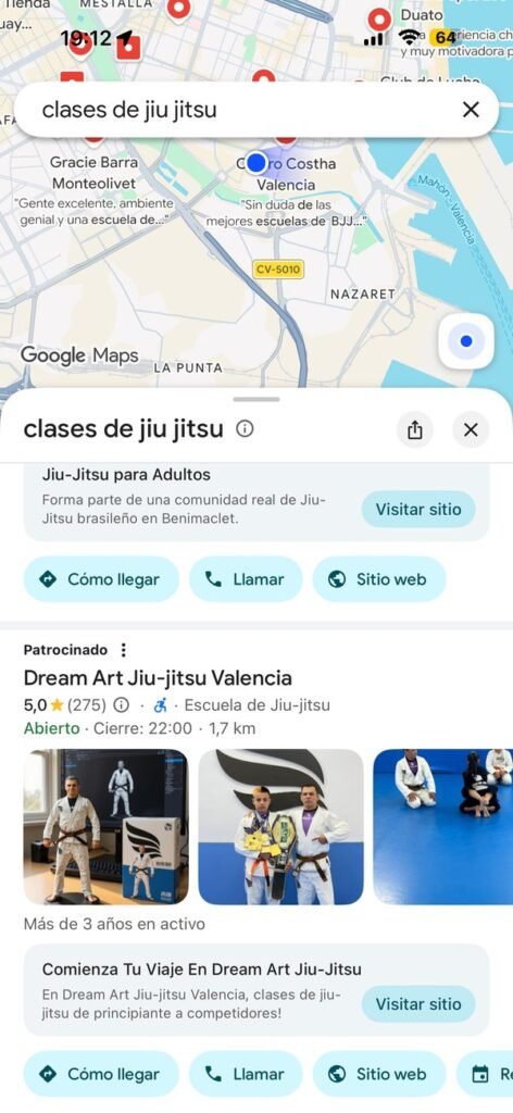 Anuncio patrocinado de Dream Art Jiu-Jitsu Valencia en los resultados de Google Maps