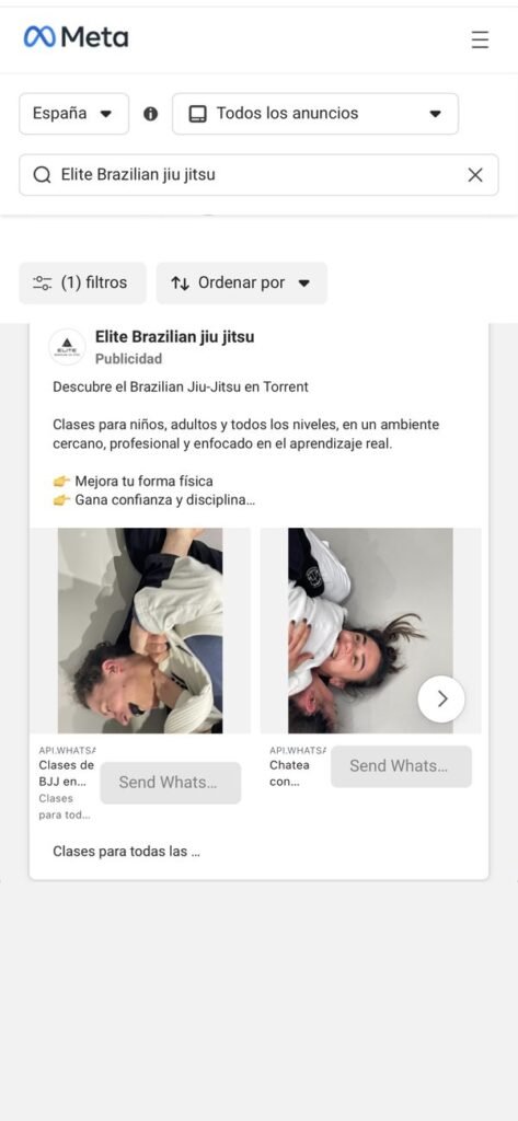 Anuncio de Elite BJJ Torrent en Instagram con botón para escribir por WhatsApp