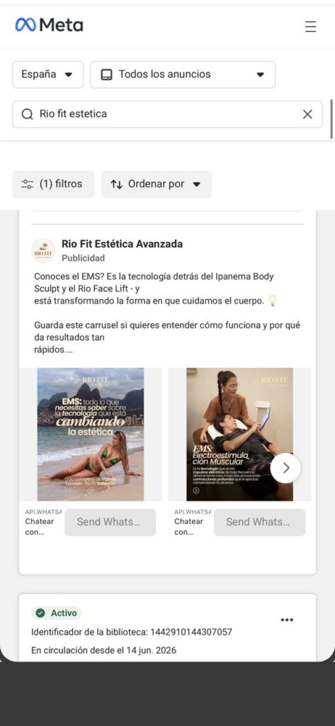 Anuncio de Rio Fit Estética Avanzada en Instagram y Facebook, visto en la Biblioteca de anuncios de Meta