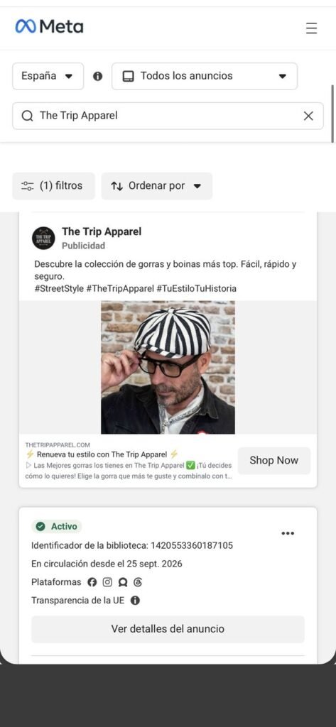 Anuncio de The Trip Apparel, marca de ropa, en Instagram