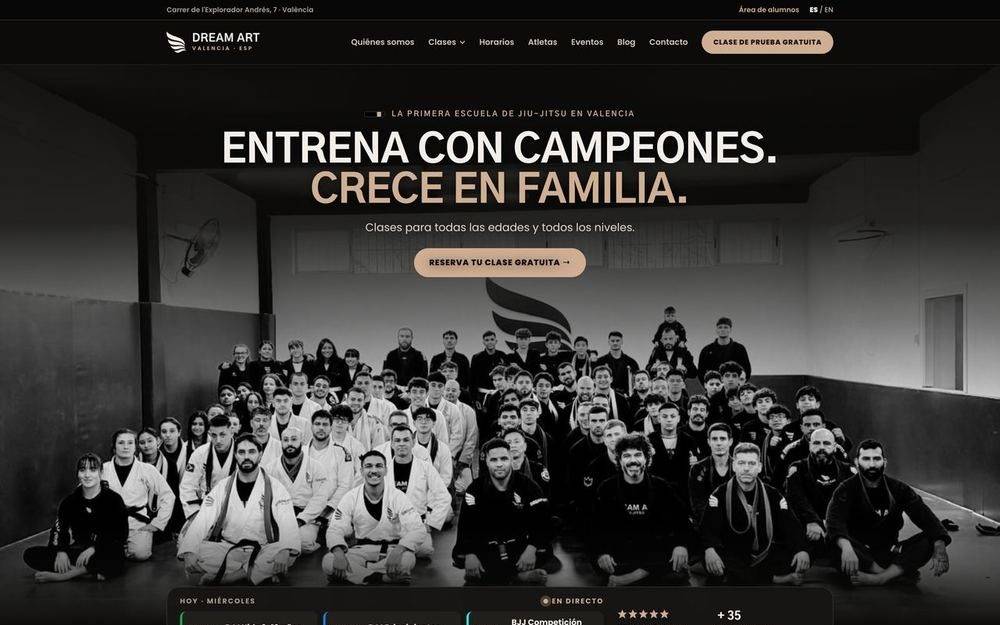 Web de Dream Art Jiu-Jitsu Valencia hecha en WordPress, con horarios de clases y botón de contacto