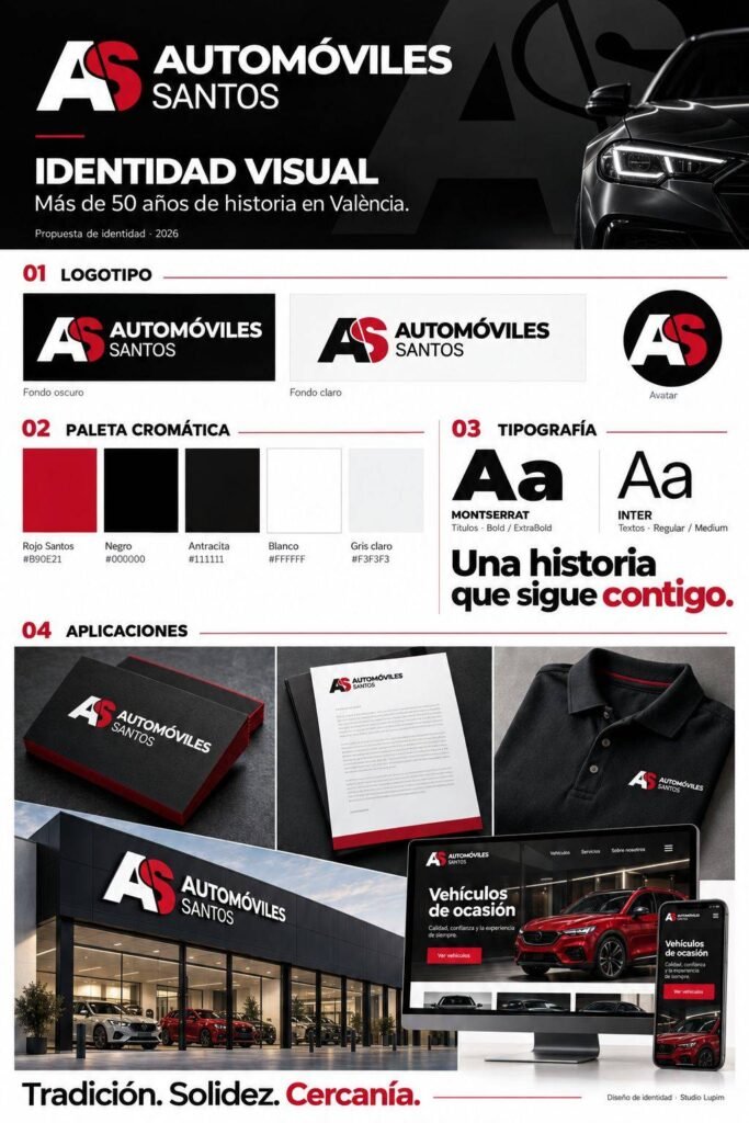 Identidad visual renovada de Automóviles Santos con logotipo, colores y aplicaciones