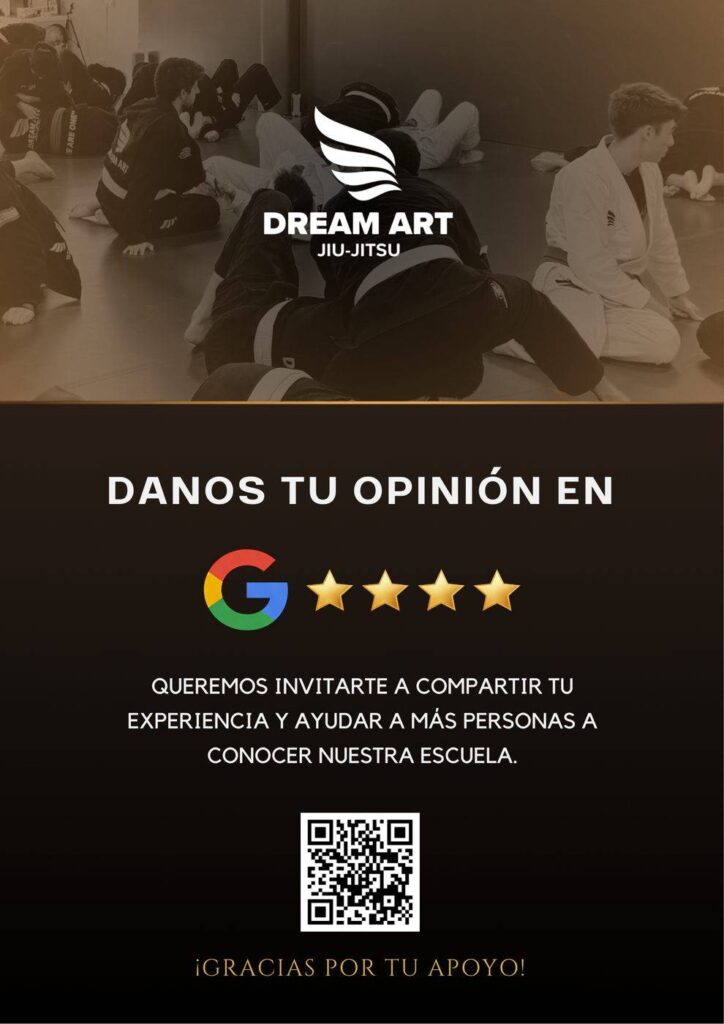 Cartel con código QR para dejar reseñas en Google diseñado para la academia Dream Art Jiu-Jitsu