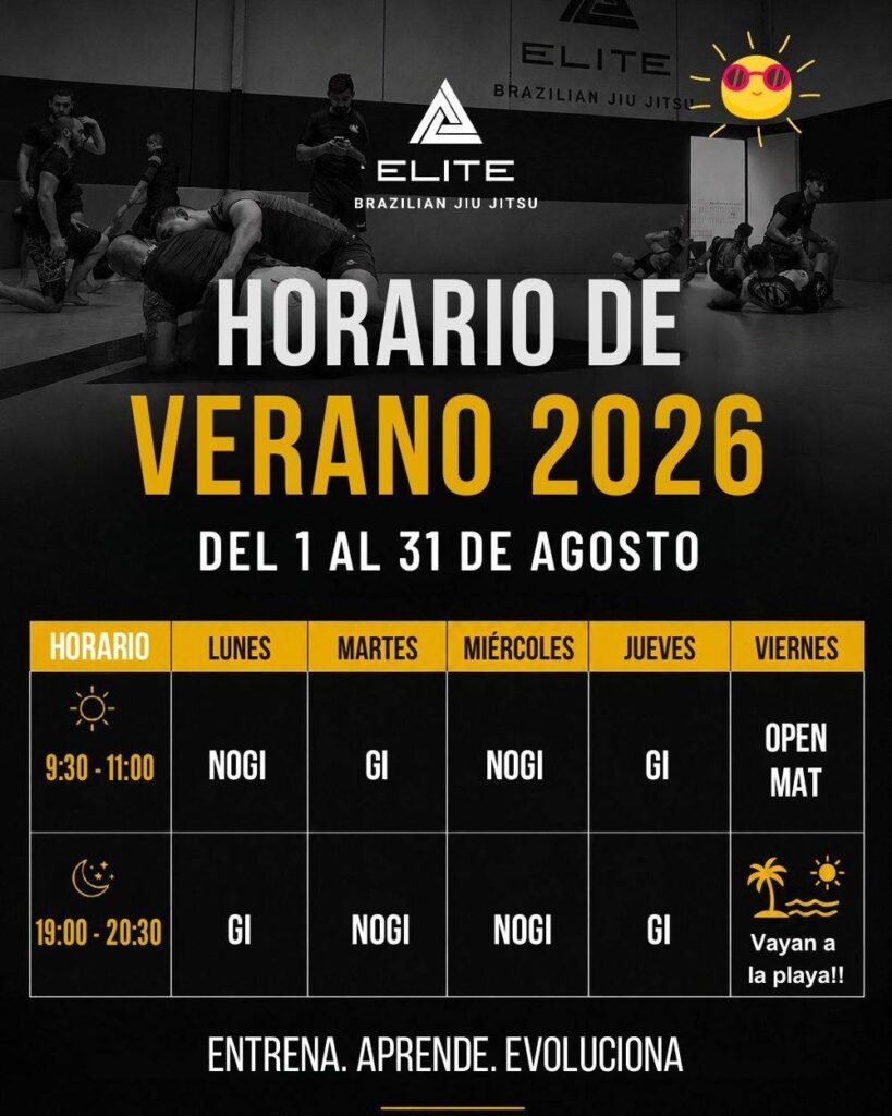Publicación de Instagram de Elite BJJ con el horario de verano de las clases