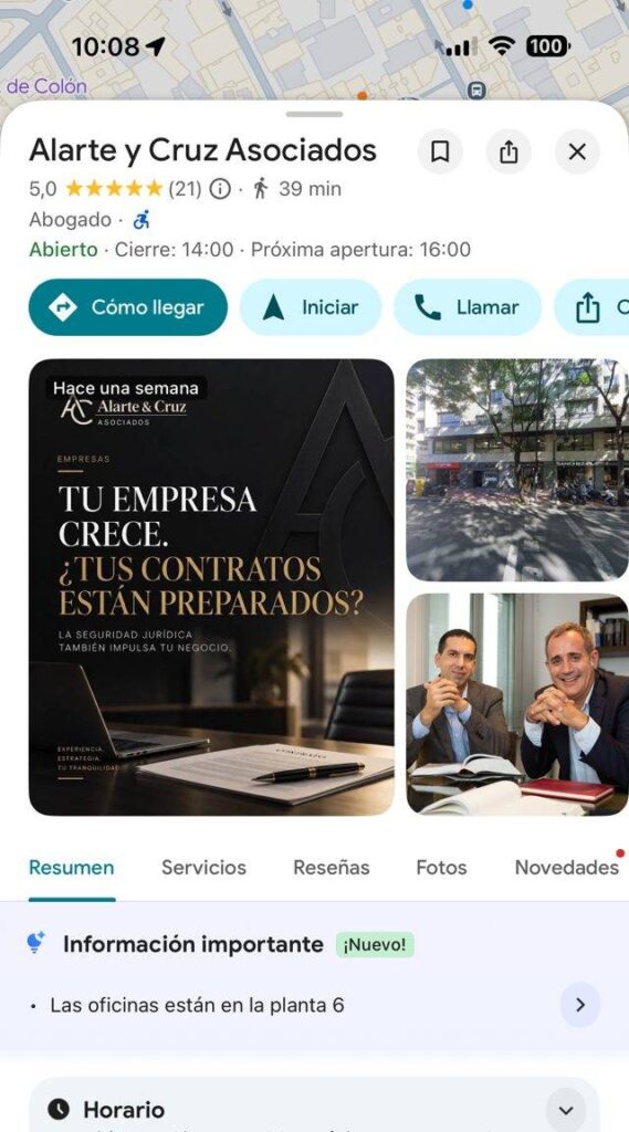 Ficha de Google de Alarte & Cruz Asociados con categoría, dirección, horario y reseñas
