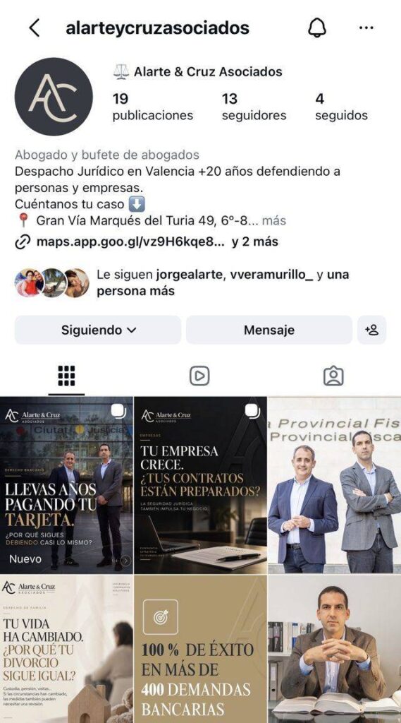 Perfil de Instagram de Alarte & Cruz Asociados con su biografía y portadas de historias destacadas