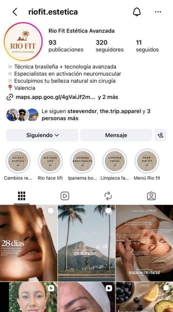 Perfil de Instagram de Rio Fit Estética Avanzada con nombre, biografía e historias destacadas