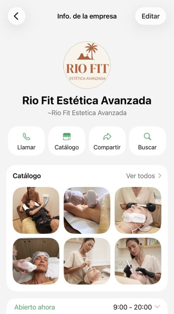 Perfil de WhatsApp Business de Rio Fit Estética Avanzada con el catálogo de tratamientos